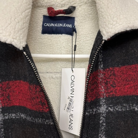 Calvin Klein Plaid Sherpa Jacket Wool Blend Chore Coat Women M Tango Red New - Picture 11 of 11